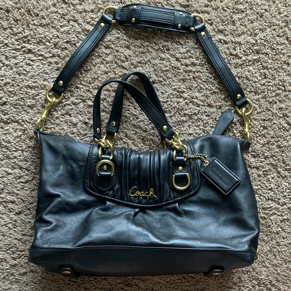 Coach Black Leather Satchel with Gold Accents
